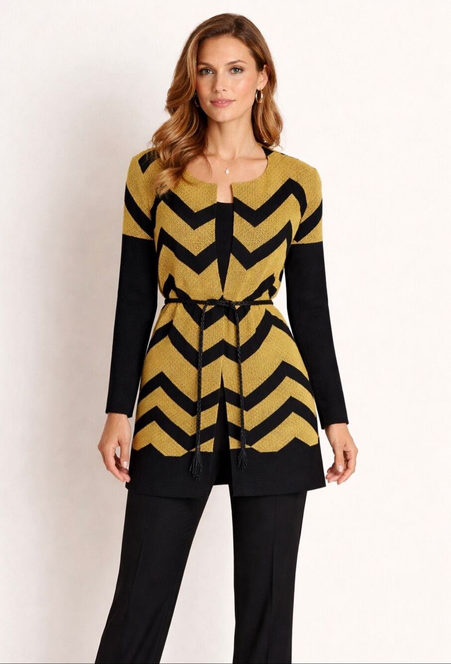 Misook Black Gold Chevron Longline Knit Cardigan Jacket Belted M
